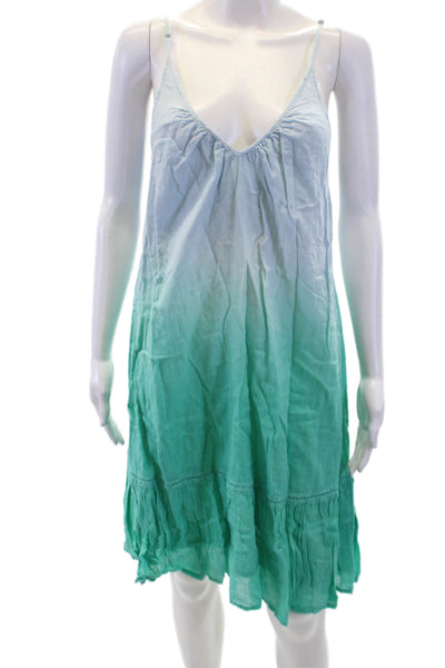 Sundry Womens Cotton Ombre Print V-Neck Sleeveless A-line Dress Blue Green Sz 2