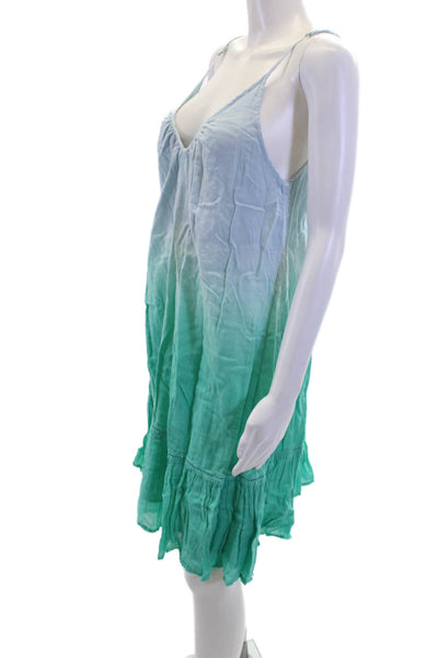 Sundry Womens Cotton Ombre Print V-Neck Sleeveless A-line Dress Blue Green Sz 2
