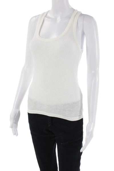 PJ Salvage Womens Scoop Neck Ribbed Knit Tank Top White Cotton Size Medium