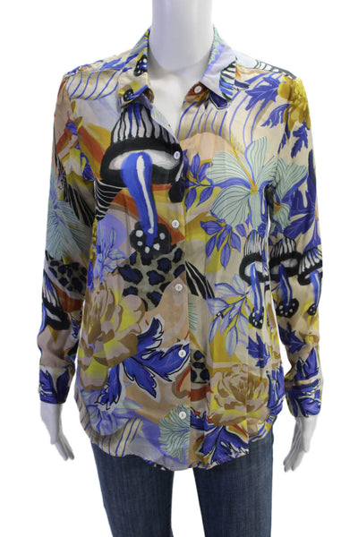 Las Surenas Womens Floral Collar Long Sleeve Button Down Shirt Multicolor Sz S