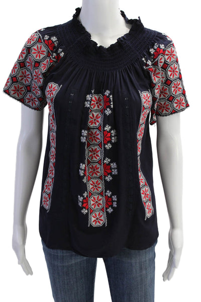 Rungolee Womens Embroidered Ruffle Detail Short Sleeve Blouse Top Navy Size XS