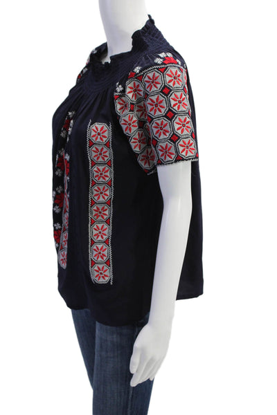 Rungolee Womens Embroidered Ruffle Detail Short Sleeve Blouse Top Navy Size XS