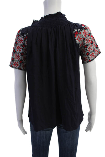 Rungolee Womens Embroidered Ruffle Detail Short Sleeve Blouse Top Navy Size XS