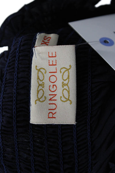Rungolee Womens Embroidered Ruffle Detail Short Sleeve Blouse Top Navy Size XS