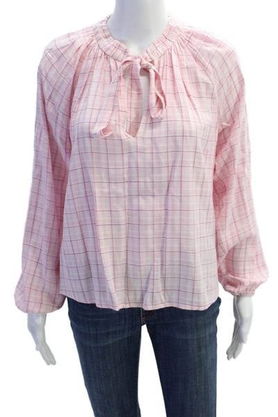 The Westside Womens Plaid Tie Front Long Sleeve Blouse Pink Size Small