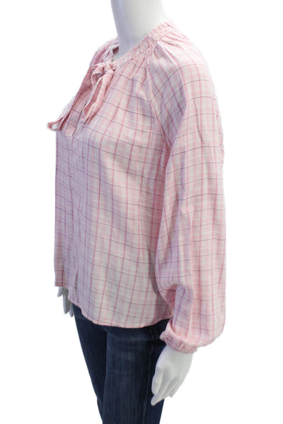 The Westside Womens Plaid Tie Front Long Sleeve Blouse Pink Size Small