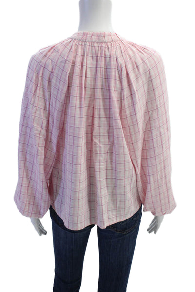 The Westside Womens Plaid Tie Front Long Sleeve Blouse Pink Size Small