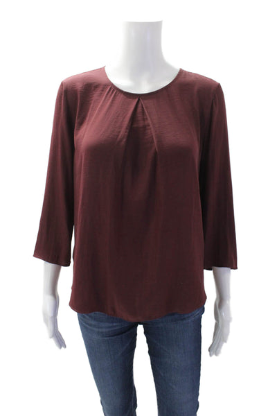 Ann Taylor Womens Pleated Front Long Sleeve Round Neck Blouse Red Size S