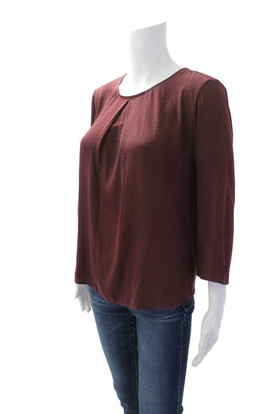 Ann Taylor Womens Pleated Front Long Sleeve Round Neck Blouse Red Size S