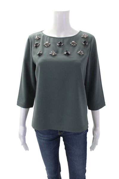 Ann Taylor Womens Embellished Round Neck Quarter Sleeve Blouse Green Size SP
