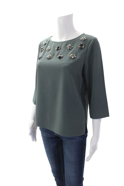 Ann Taylor Womens Embellished Round Neck Quarter Sleeve Blouse Green Size SP