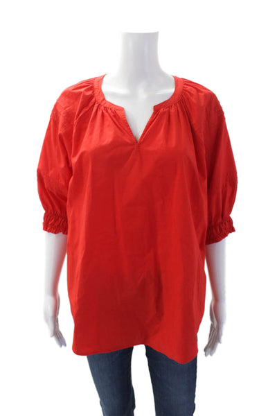 Chicos Womens Cotton V-Neck Short Puff Sleeve Pullover Tunic Blouse Red Size S