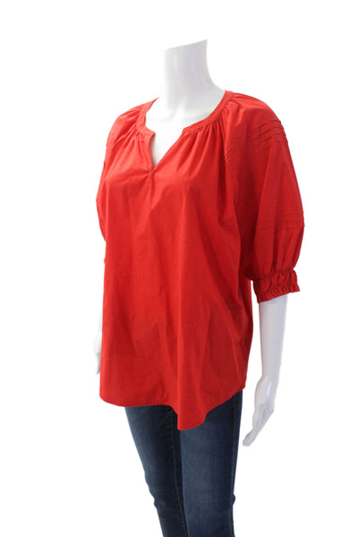Chicos Womens Cotton V-Neck Short Puff Sleeve Pullover Tunic Blouse Red Size S