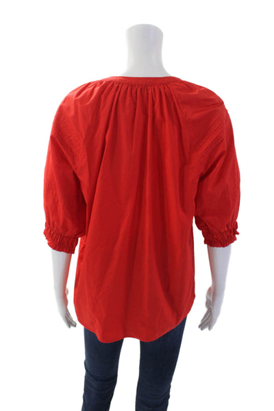 Chicos Womens Cotton V-Neck Short Puff Sleeve Pullover Tunic Blouse Red Size S