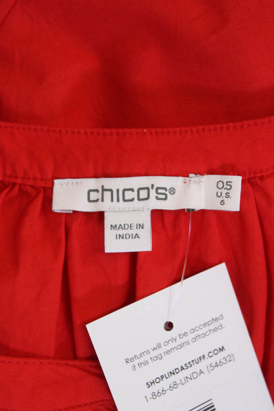 Chicos Womens Cotton V-Neck Short Puff Sleeve Pullover Tunic Blouse Red Size S