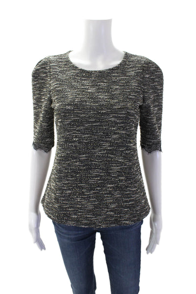 Ann Taylor Womens Cotton Tweed Lace Trim Short Sleeve Blouse Black Size S