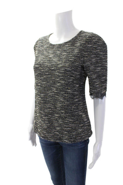 Ann Taylor Womens Cotton Tweed Lace Trim Short Sleeve Blouse Black Size S