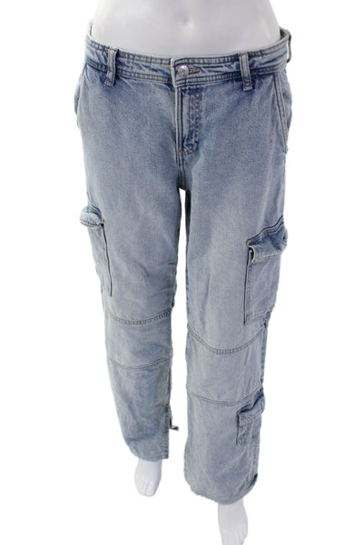 Zara Womens High Rise Wide Leg Zip Up Cargo Jeans Blue Cotton Size 4