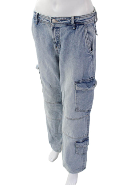 Zara Womens High Rise Wide Leg Zip Up Cargo Jeans Blue Cotton Size 4