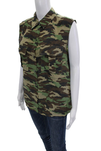 Equipment Femme Womens Camouflage Sleeveless Silk Button Down Top Green Size S