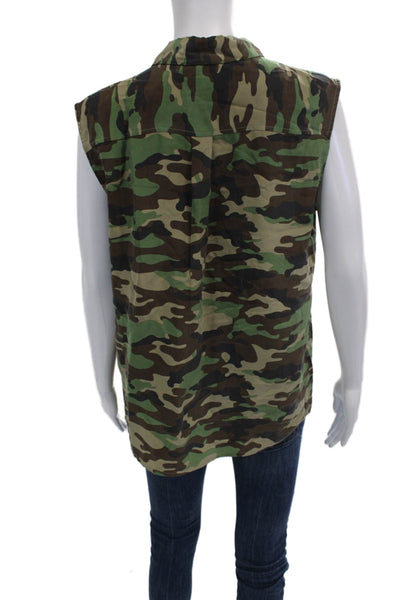 Equipment Femme Womens Camouflage Sleeveless Silk Button Down Top Green Size S