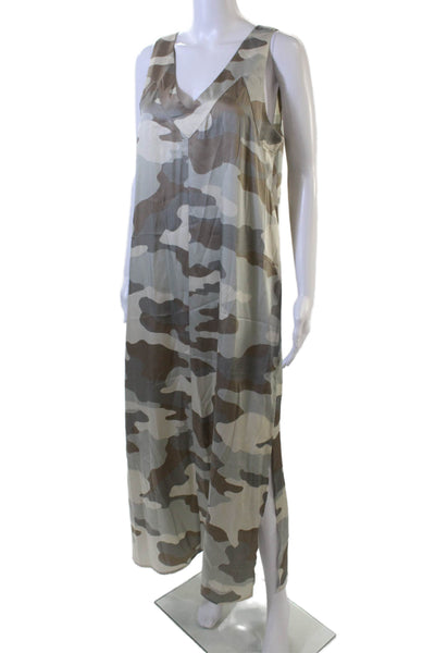 DKNY Womens Camouflage Print V-Neck Sleeveless Maxi Dress Gray Size M