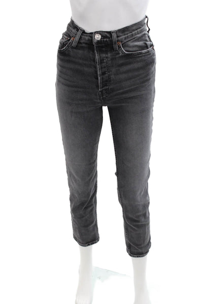 Re/Done Womens Cotton Skinny Fit Straight Leg Button Fly Denim Jeans Black 25