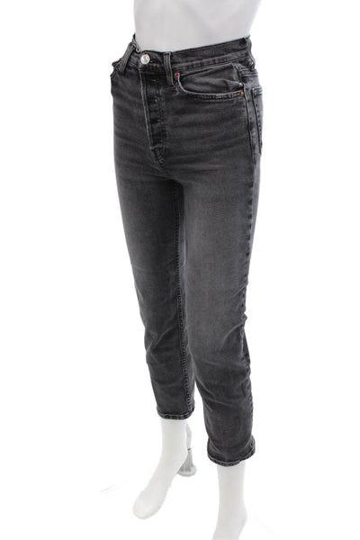 Re/Done Womens Cotton Skinny Fit Straight Leg Button Fly Denim Jeans Black 25