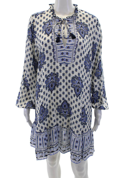 Zara Womens Printed Ruffle V-neck Long Sleeve A-Line Dress White Blue Size M