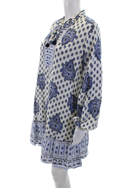 Zara Womens Printed Ruffle V-neck Long Sleeve A-Line Dress White Blue Size M