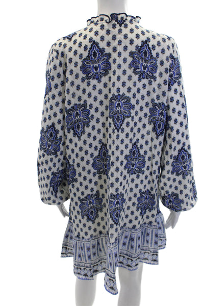 Zara Womens Printed Ruffle V-neck Long Sleeve A-Line Dress White Blue Size M