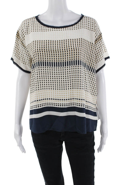 Vince Silk Abstract Print Blouse White Navy Blue Size Extra Small