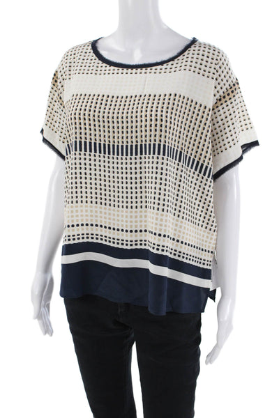 Vince Silk Abstract Print Blouse White Navy Blue Size Extra Small