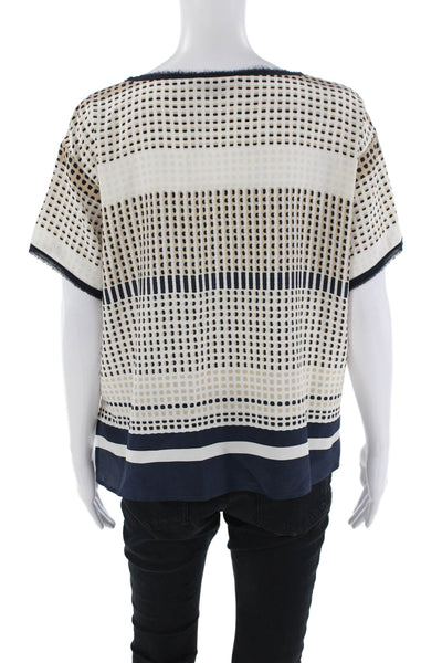 Vince Silk Abstract Print Blouse White Navy Blue Size Extra Small
