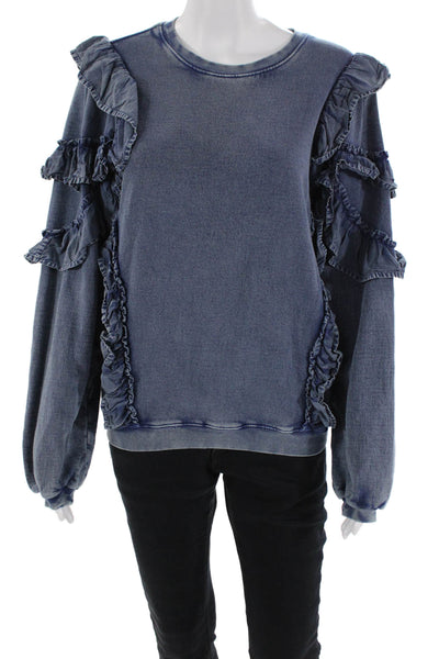 Tularosa Womens Ruffled Crew Neck Sweatshirt Blue Cotton Size Extra Small