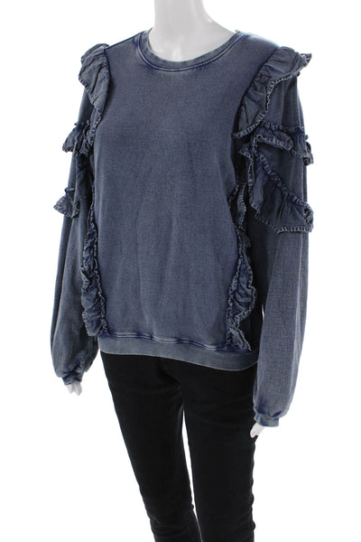 Tularosa Womens Ruffled Crew Neck Sweatshirt Blue Cotton Size Extra Small