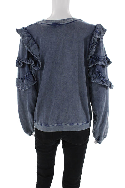 Tularosa Womens Ruffled Crew Neck Sweatshirt Blue Cotton Size Extra Small