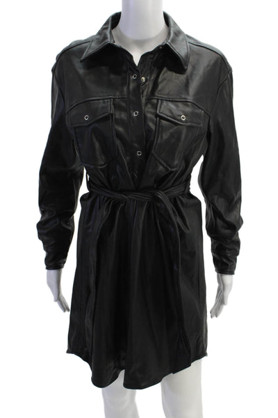 Zara Womens Faux Leather Tie Waist Collared Shift Dress Black Size XS