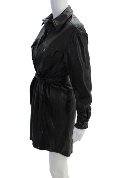 Zara Womens Faux Leather Tie Waist Collared Shift Dress Black Size XS