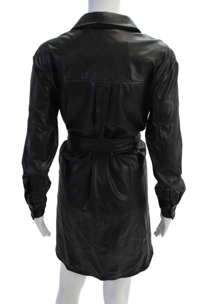 Zara Womens Faux Leather Tie Waist Collared Shift Dress Black Size XS