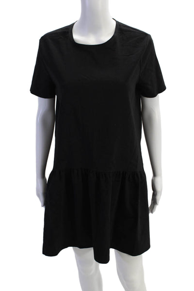 Zara Womens Solid Short Sleeve Ruffle Shift Dress Black Size S