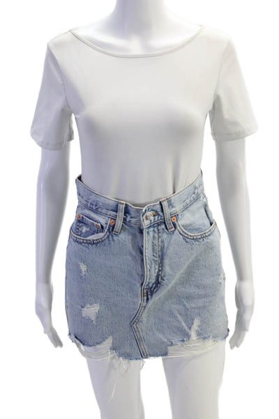 MNG Womens Distressed Light Wash Denim Mini Skirt Blue Size XS