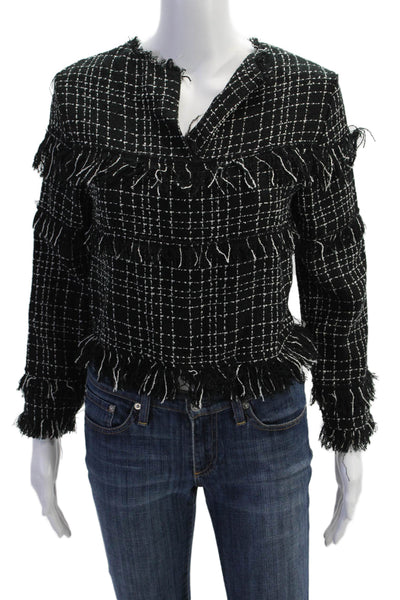 Zara Woman Womens Long Sleeve Plaid Tweed Fringe Blouse Black Size XS