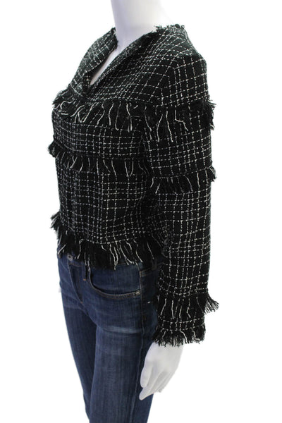 Zara Woman Womens Long Sleeve Plaid Tweed Fringe Blouse Black Size XS