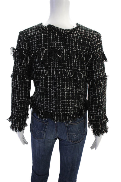 Zara Woman Womens Long Sleeve Plaid Tweed Fringe Blouse Black Size XS