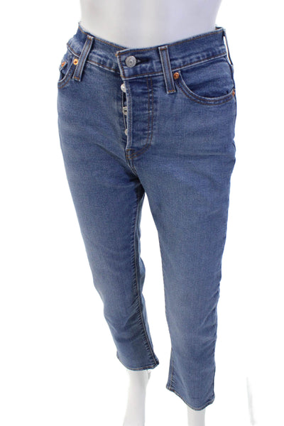 Levis Womens Cotton Buttoned High Rise Five Pocket Straight Jeans Blue Size 25