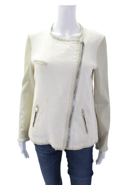 IRO Womens Front Zip Crew Neck Leather Sleeve Jacket White Cotton Size 2