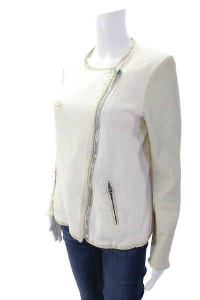 IRO Womens Front Zip Crew Neck Leather Sleeve Jacket White Cotton Size 2