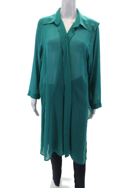 Gottex Womens Sheer Collared Long Sleeve Blouse Top Blue Size L