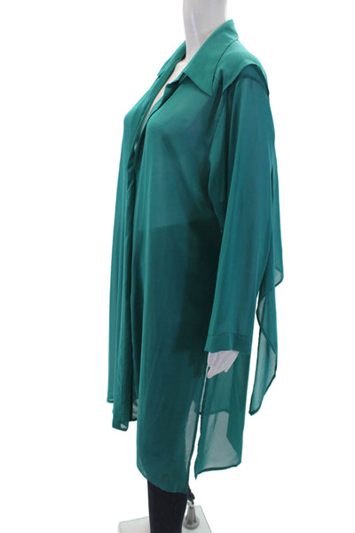 Gottex Womens Sheer Collared Long Sleeve Blouse Top Blue Size L